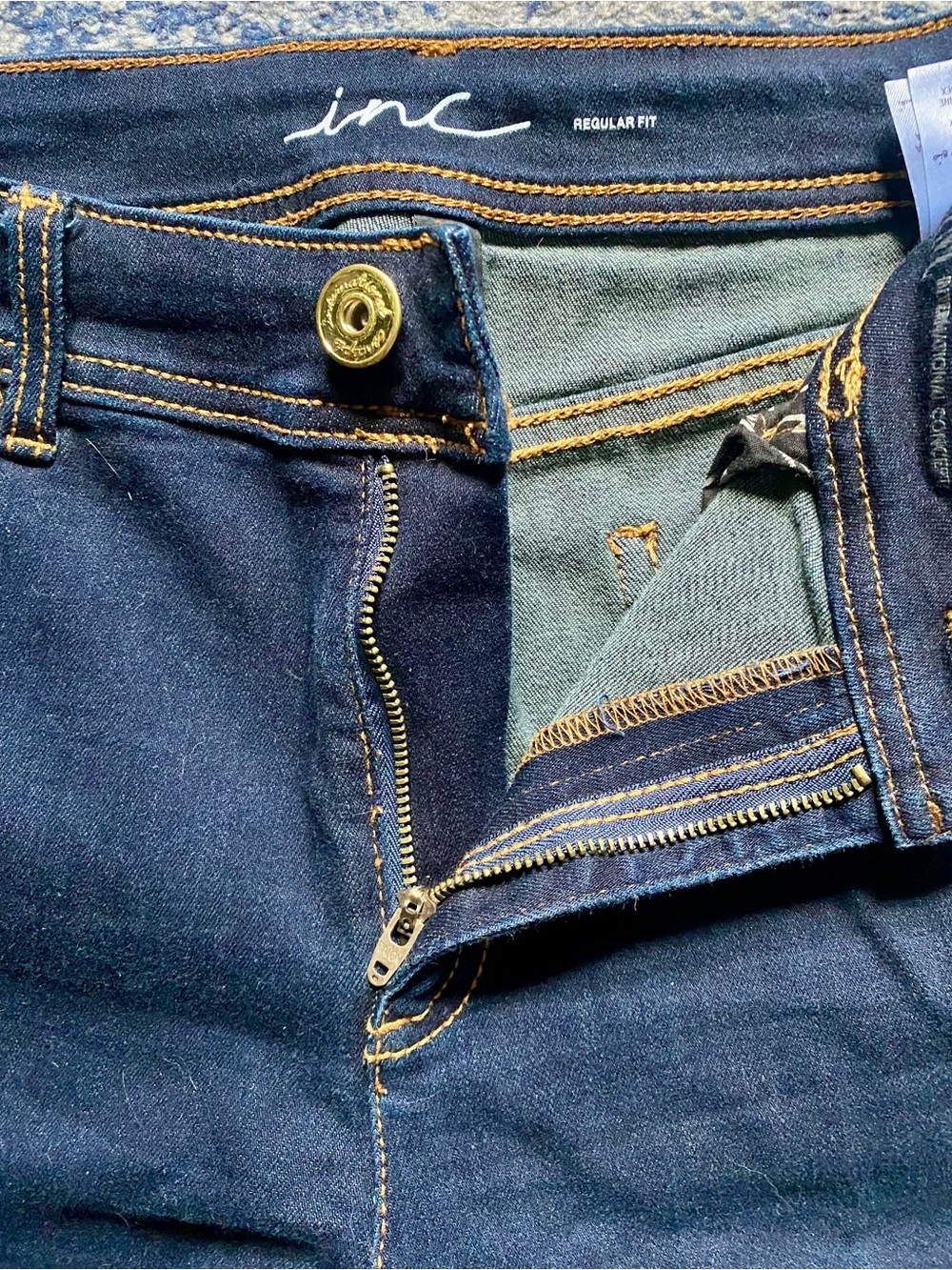 INC International Concepts Navy Blue Denim Shorts with Gold Stitching - Picture 3 of 6